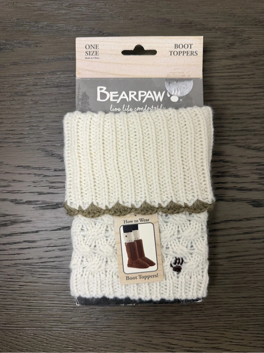 BearPaw Cream Cable Knit Boot Toppers with Trim one size fits all